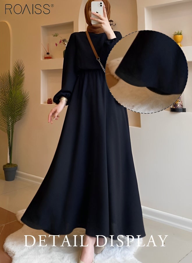 Women's Casual Chiffon Long Sleeved Dress Elastic Waist Design High Waist Banquet Dress Daily Solid Color Large Hem A-Line Dress