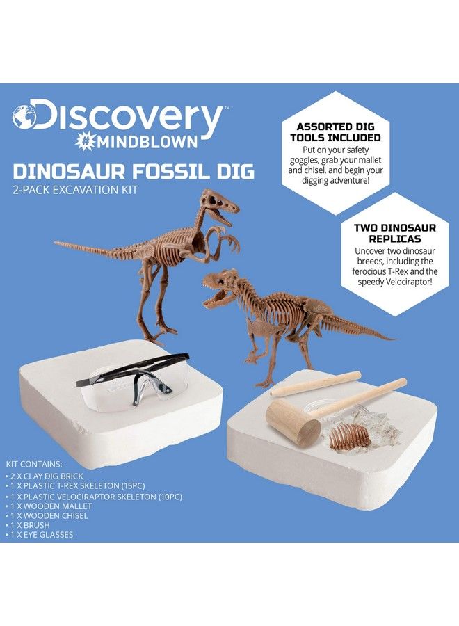 Discovery #Mindblown Dinosaur Fossil Dig Excavation Kit, 15Piece Trex & 10Piece Velociraptor, 3D Skeleton Puzzle Display Models, Includes Tools & Safety Glasses, Jurassic Dino Toy For Kids