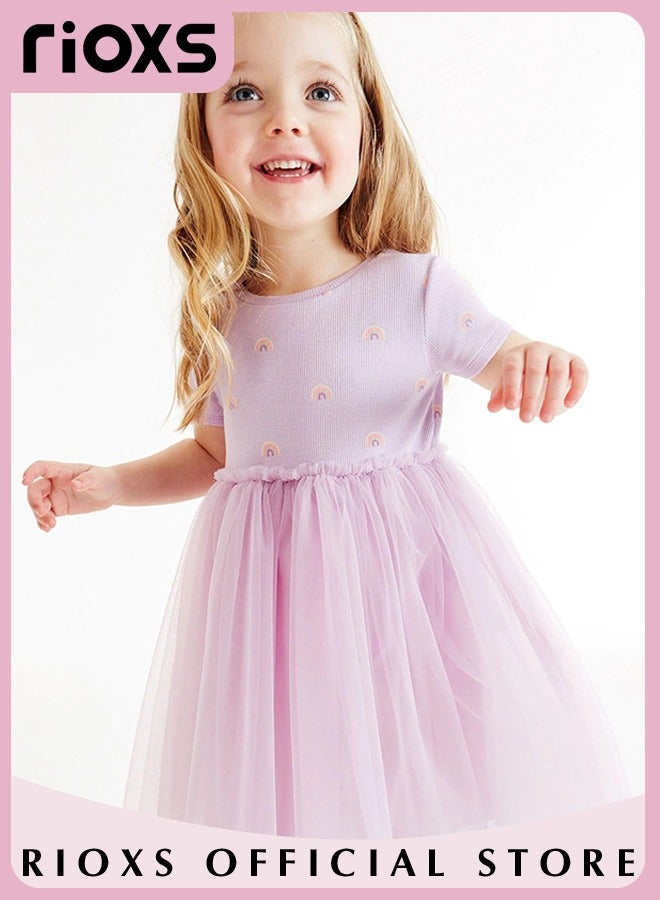 Girls Stylish A-line Tutu Dress, Short Sleeve Round Neck Dress with Adorable Patterns, Wonderful Summer Dresses for Girls, Comfortable to Wear, Suitable for Daily Wear, Vacation and Other Occasions, Great Gift Choice for Girls