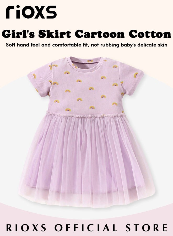 Girls Stylish A-line Tutu Dress, Short Sleeve Round Neck Dress with Adorable Patterns, Wonderful Summer Dresses for Girls, Comfortable to Wear, Suitable for Daily Wear, Vacation and Other Occasions, Great Gift Choice for Girls