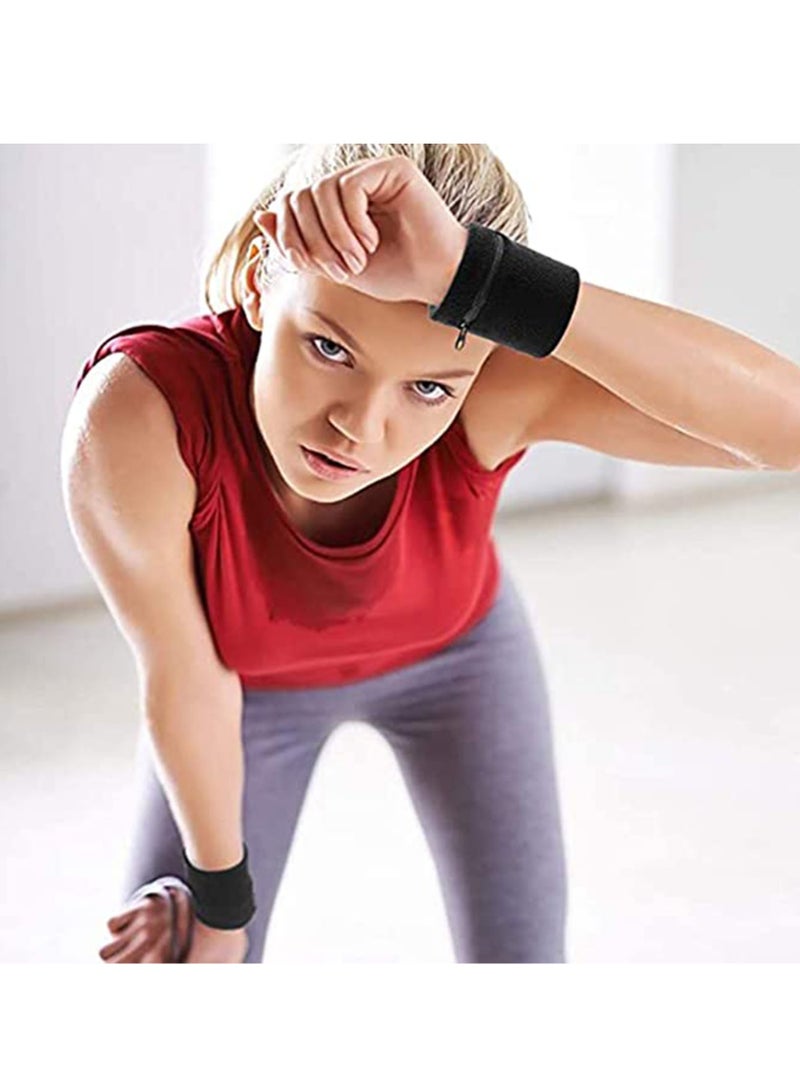 Zipper Sports Wristband,  Exercise Gym Zipper Sweatband Wristband Wrist Wallet Pouch Sports Wristband with Pocket for Outdoor Walking HikingSports Running Travel 4Pcs Black