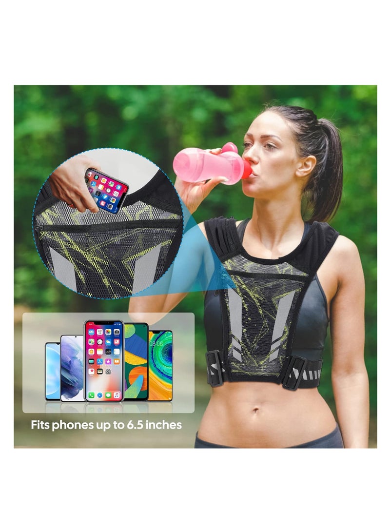 Running Vest Phone Holder, Chest Phone Holder with 4 Pockets Lightweight Breathable Training Reflective, Running Vest Sport Jogging Vest, Adjustable Waistband for Running, Gym, Biking, Men & Women