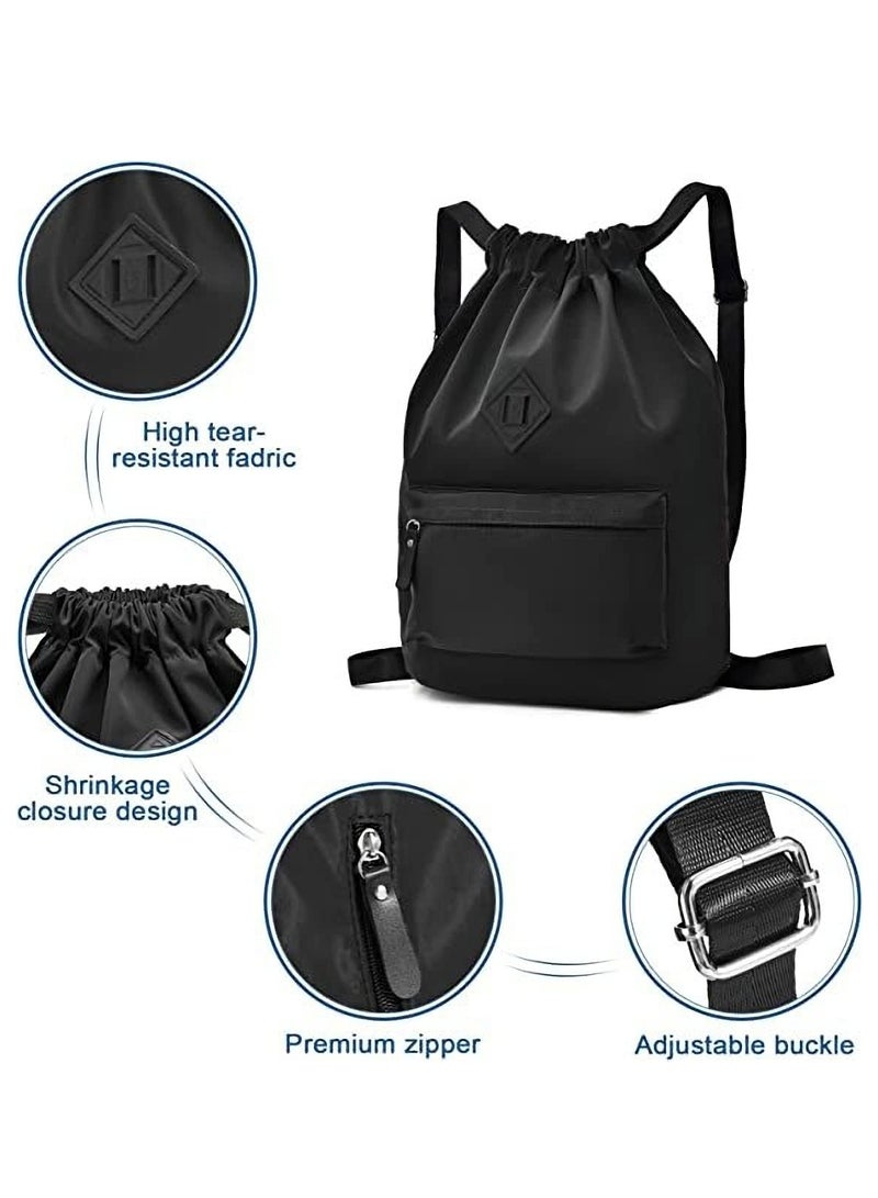 Drawstring Backpack Sports Gym Bag, Nylon Draw Backpack Large Size with Zipper and Front Rear Pocket, Water Resistant String Sackpack for School Swimming Travel Kids Boys Girls Women Men