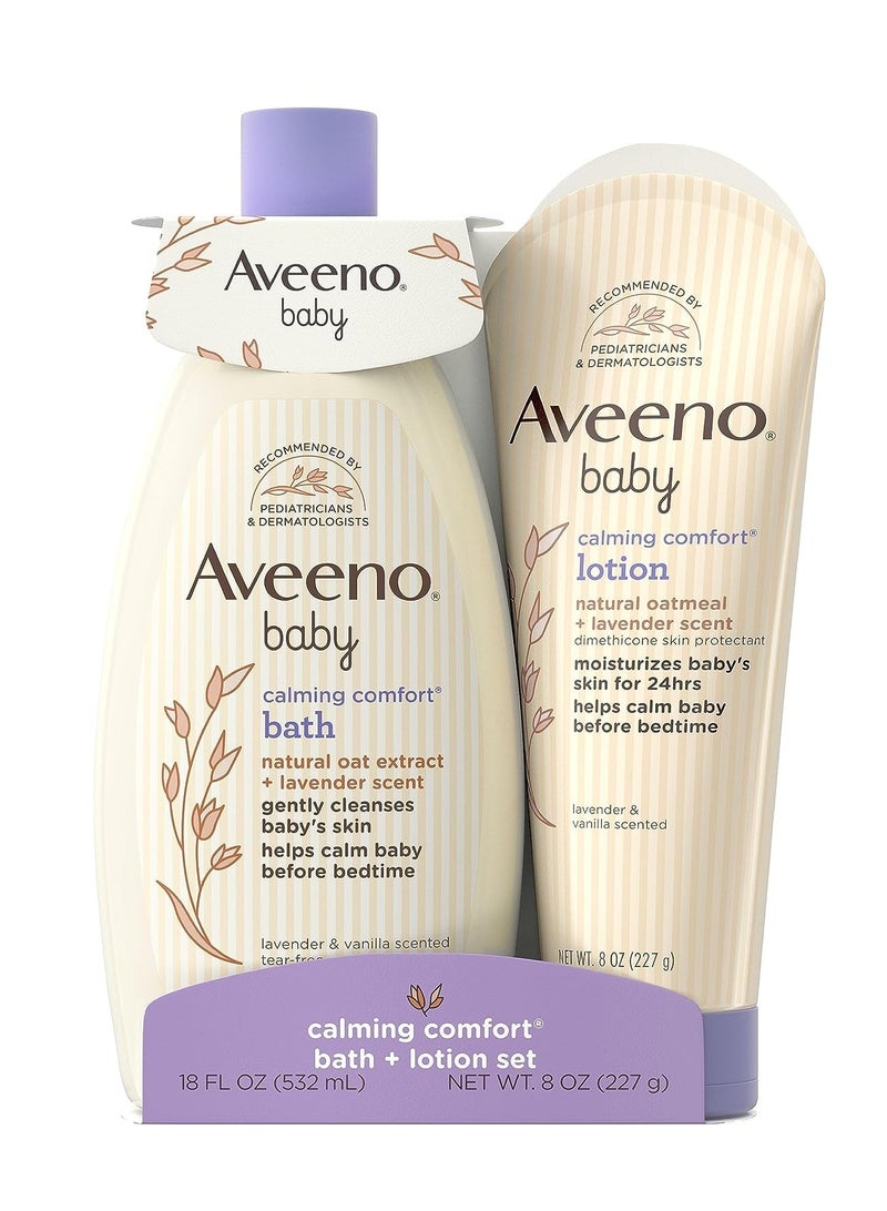 Aveeno Baby calming comfort bath & lotion set nighttime baby skin care products with natural oat lavender & vanilla scents paraben phthalate & phenoxyethanol free