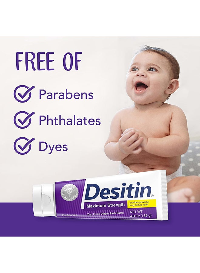 Desitin Maximum Strength Baby Diaper Rash Cream with 40% Zinc Oxide for Treatment, Relief & Prevention, Hypoallergenic, Phthalate- & Paraben-Free Paste, 4.8 oz