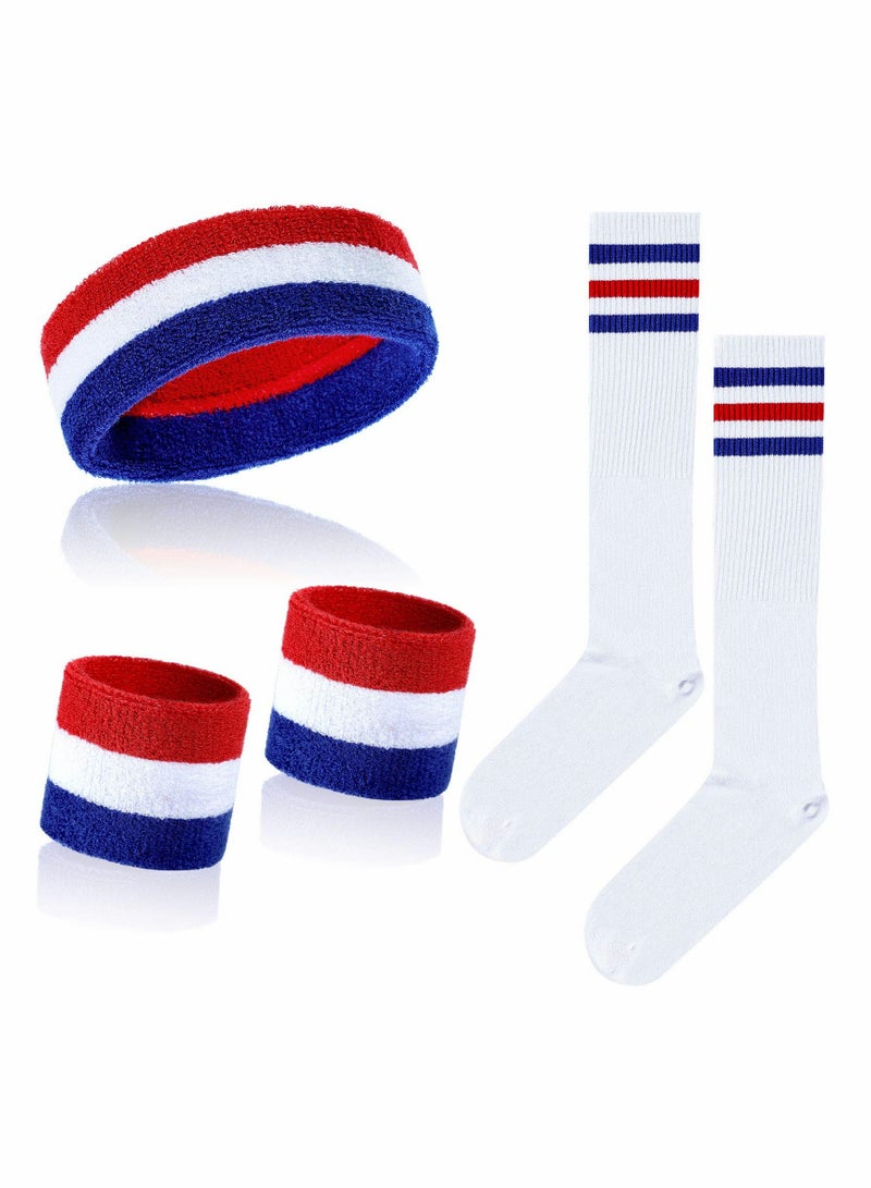 1 Set Wrist Sweatbands Headbands and 1 Pair High Striped Sports Headbands Set for Party 5 Pieces