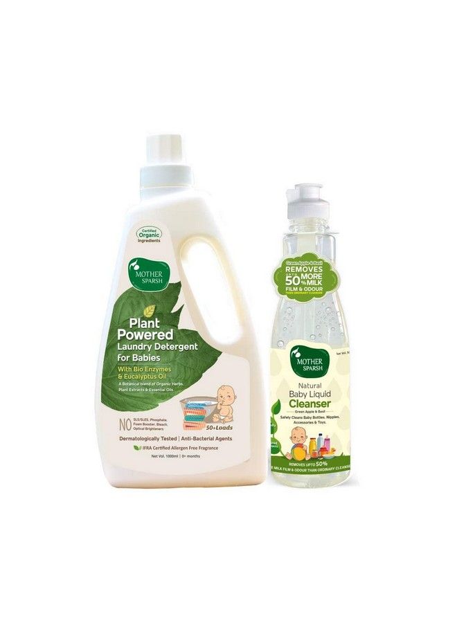 Plant Powered Baby Laundry Liquid Detergent 1Ltr. & Natural Baby Liquid Cleanser With Green Apple & Basil 500 Ml