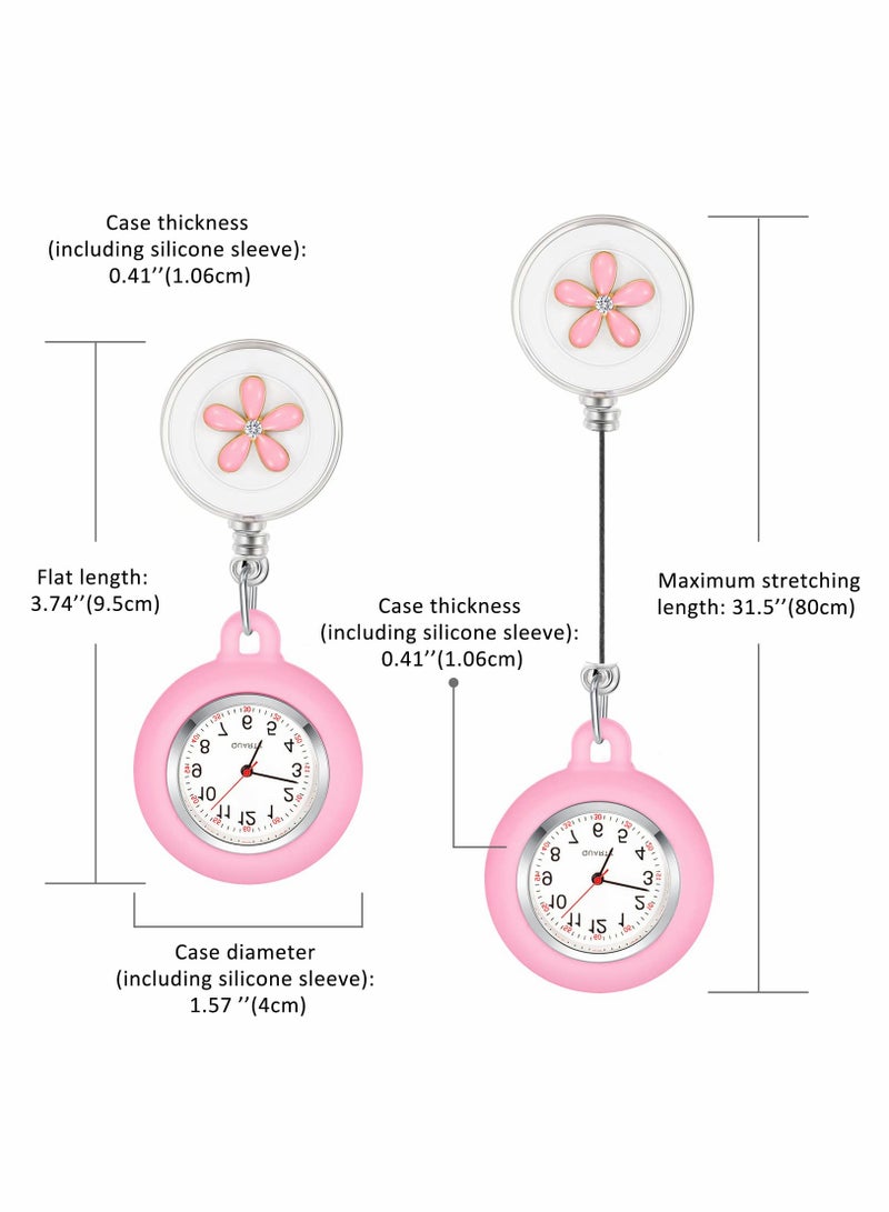 Retractable Nurse Watches, Clip-on Hanging Fob Portable Pocket Watch with Cute Flower Pattern, Lapel Watches for Nurses Doctors with Silicone Cover