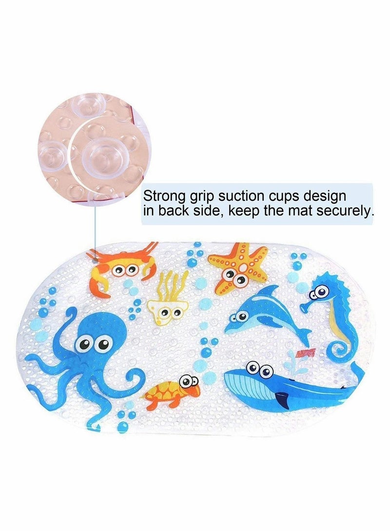 Bath Mats for Tub Kids, Large Cartoon Non-Slip Bathroom Bathtub Kid Mat for Baby Toddler, Machine Washable, Environmental PVC, 37x70cm (Blue-Octopus)