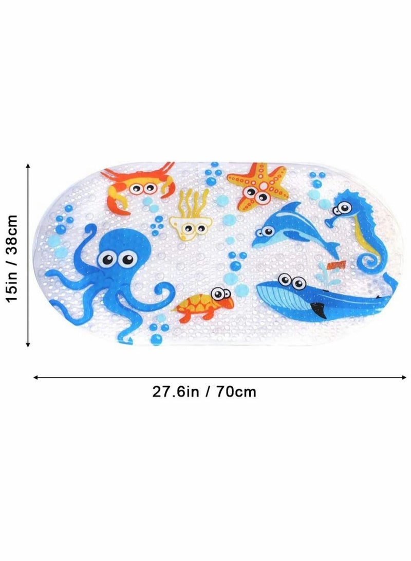 Bath Mats for Tub Kids, Large Cartoon Non-Slip Bathroom Bathtub Kid Mat for Baby Toddler, Machine Washable, Environmental PVC, 37x70cm (Blue-Octopus)