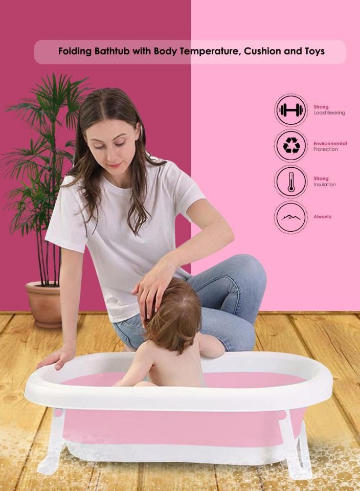 Safe Folding Portable Baby Bath Tub With Body Temperature, Sensing Pillow With Small Toys, Monitor Sitting Lying, Pink