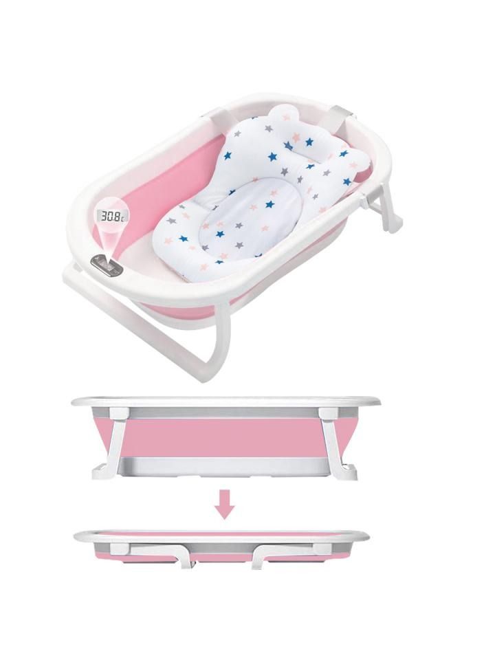 Safe Folding Portable Baby Bath Tub With Body Temperature, Sensing Pillow With Small Toys, Monitor Sitting Lying, Pink