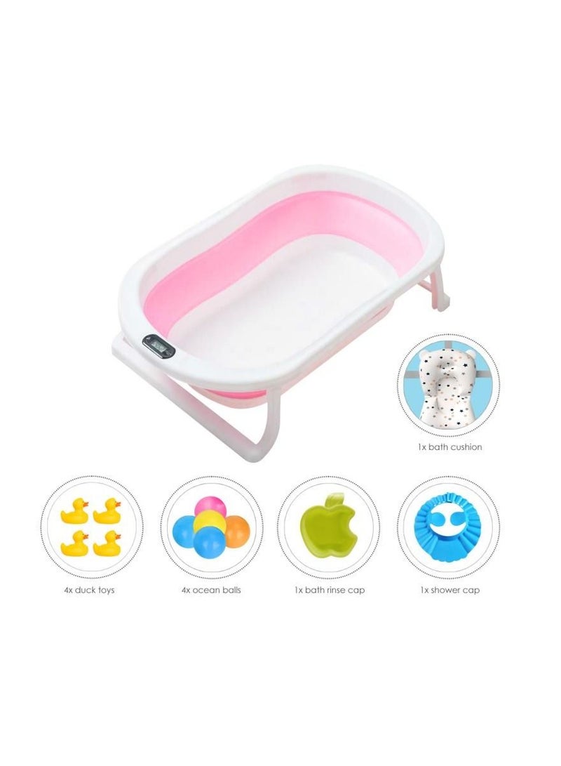 Safe Folding Portable Baby Bath Tub With Body Temperature, Sensing Pillow With Small Toys, Monitor Sitting Lying, Pink