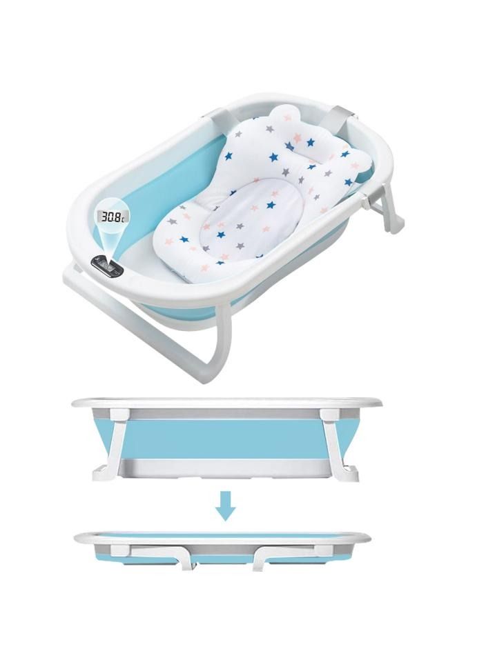 Safe Folding Portable Baby Bath Tub With Body Temperature, Sensing Pillow With Small Toys, Monitor Sitting Lying, Blue