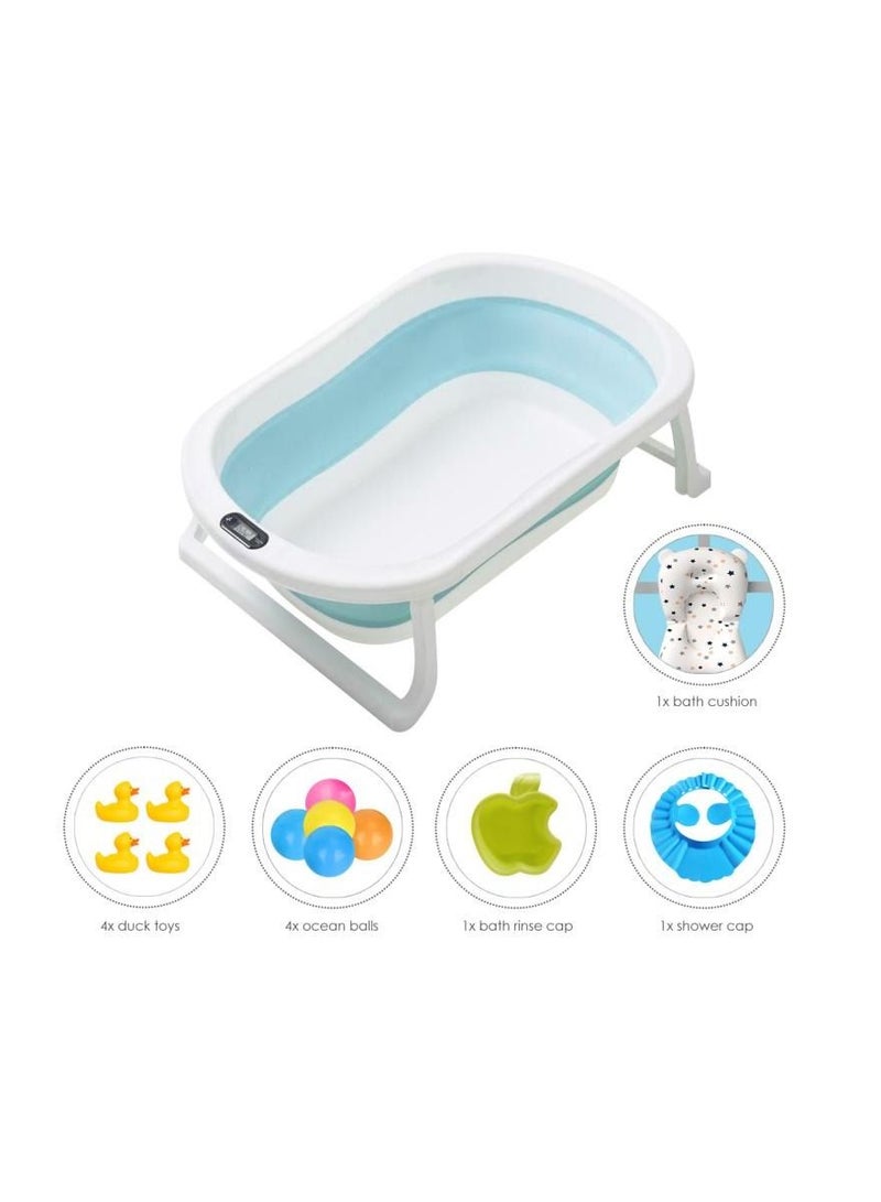 Safe Folding Portable Baby Bath Tub With Body Temperature, Sensing Pillow With Small Toys, Monitor Sitting Lying, Blue