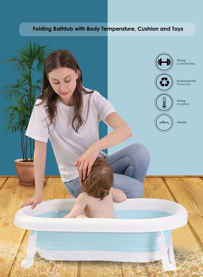 Safe Folding Portable Baby Bath Tub With Body Temperature, Sensing Pillow With Small Toys, Monitor Sitting Lying, Blue