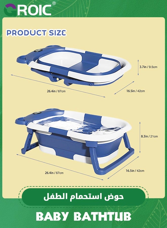 Collapsible Baby Bathtub for Newborn with Thermometer & 1 Soft Floating Cushion,Portable Travel Bathtub with Drain Hole, Durable Foldable Baby Tubs,Baby Bathtub with Bath Pad(Blue)