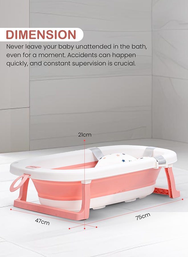 Foldable Baby Bath Tub With Anti-Skid Base, Support Cushion, Temperature Sensing Plug And Wall Mountable 0-3 Years, Pink