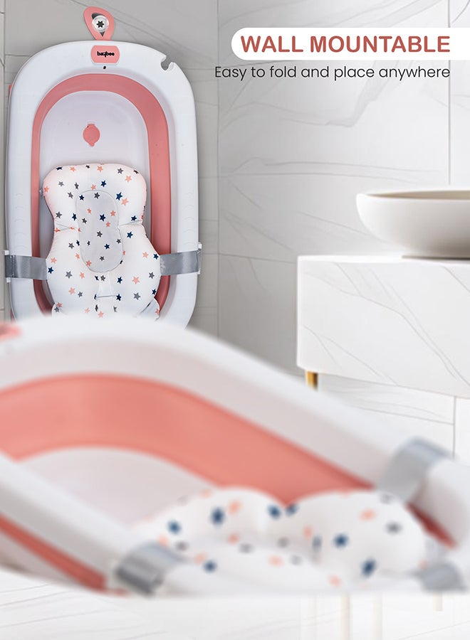 Foldable Baby Bath Tub With Anti-Skid Base, Support Cushion, Temperature Sensing Plug And Wall Mountable 0-3 Years, Pink