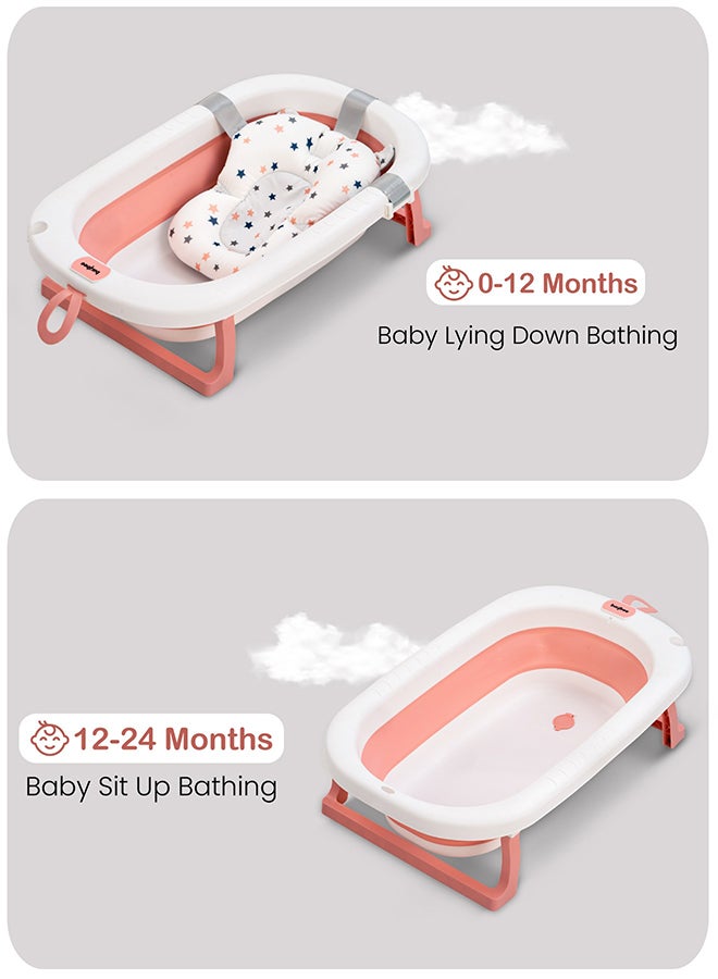 Foldable Baby Bath Tub With Anti-Skid Base, Support Cushion, Temperature Sensing Plug And Wall Mountable 0-3 Years, Pink