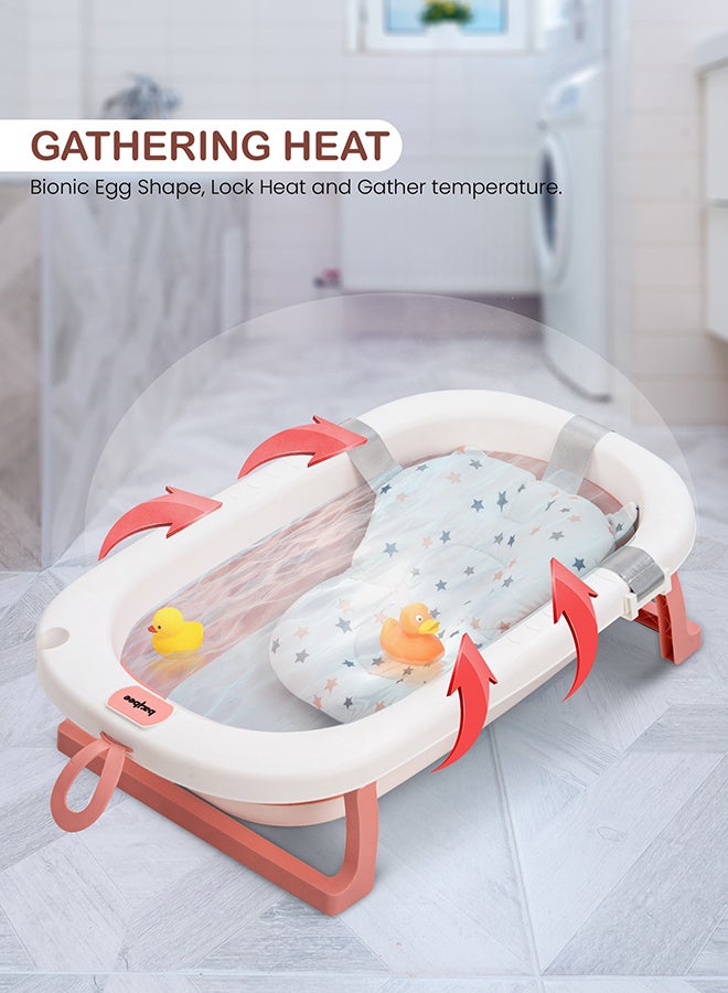 Foldable Baby Bath Tub With Anti-Skid Base, Support Cushion, Temperature Sensing Plug And Wall Mountable 0-3 Years, Pink