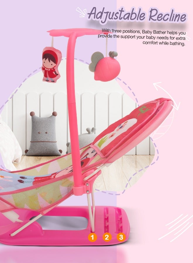 3 Position Adjustable And Soft Mesh Seat, Duna Anti Slip Baby Bather With Hanging Toy Bar 0-6 Month, Pink