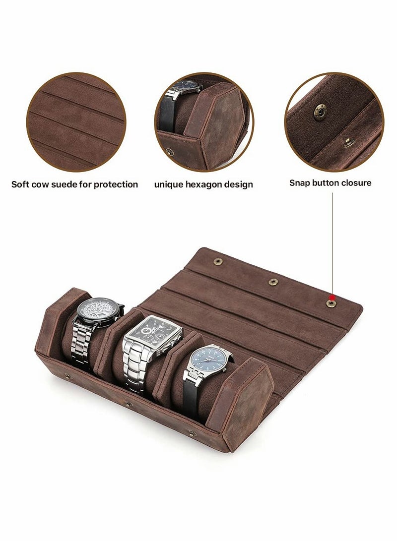 SYOSI Watch Roll Case for 3 Watches, Handmade Genuine Leather Hexagon Watch Travel Organizer, Watches Protective Storage Box