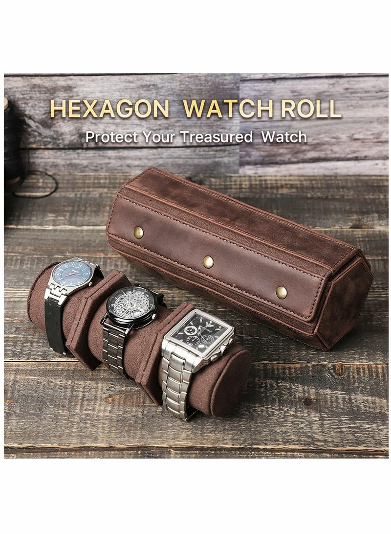 SYOSI Watch Roll Case for 3 Watches, Handmade Genuine Leather Hexagon Watch Travel Organizer, Watches Protective Storage Box