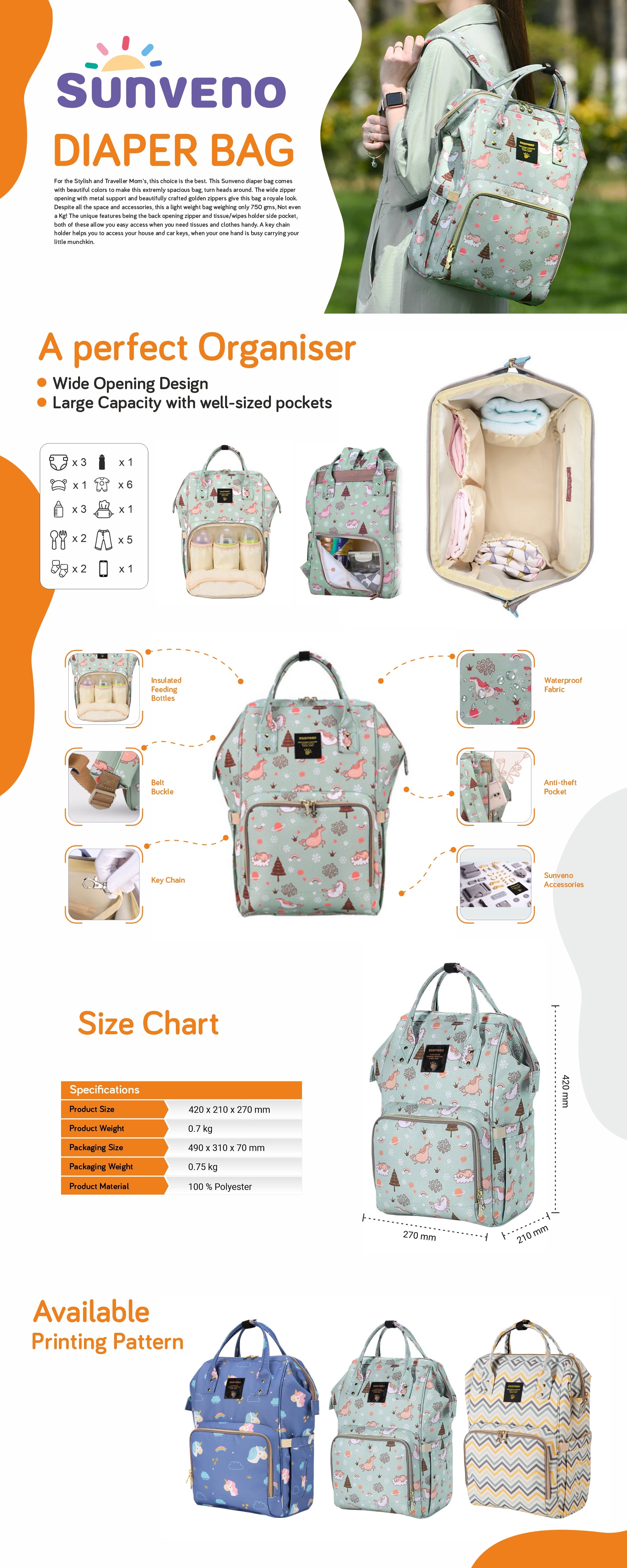 Diaper Backpack Unicorn Printed Waterproof - Green Dream Sky