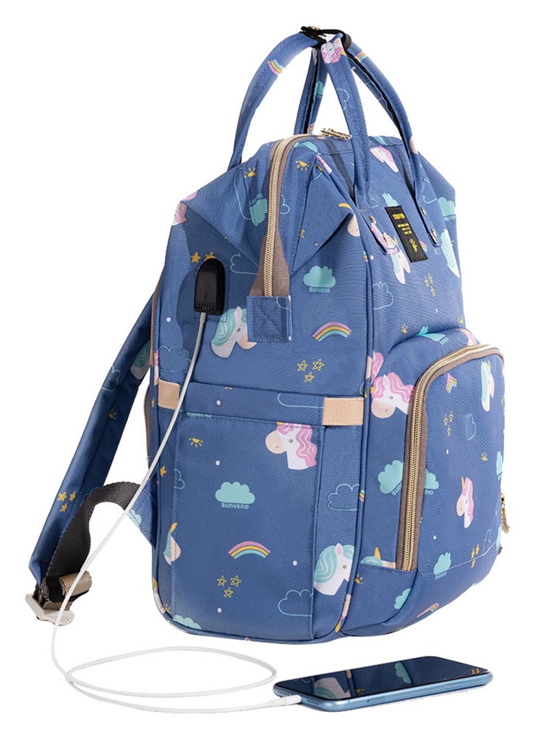 Diaper Bag With USB - Unicorn Blue