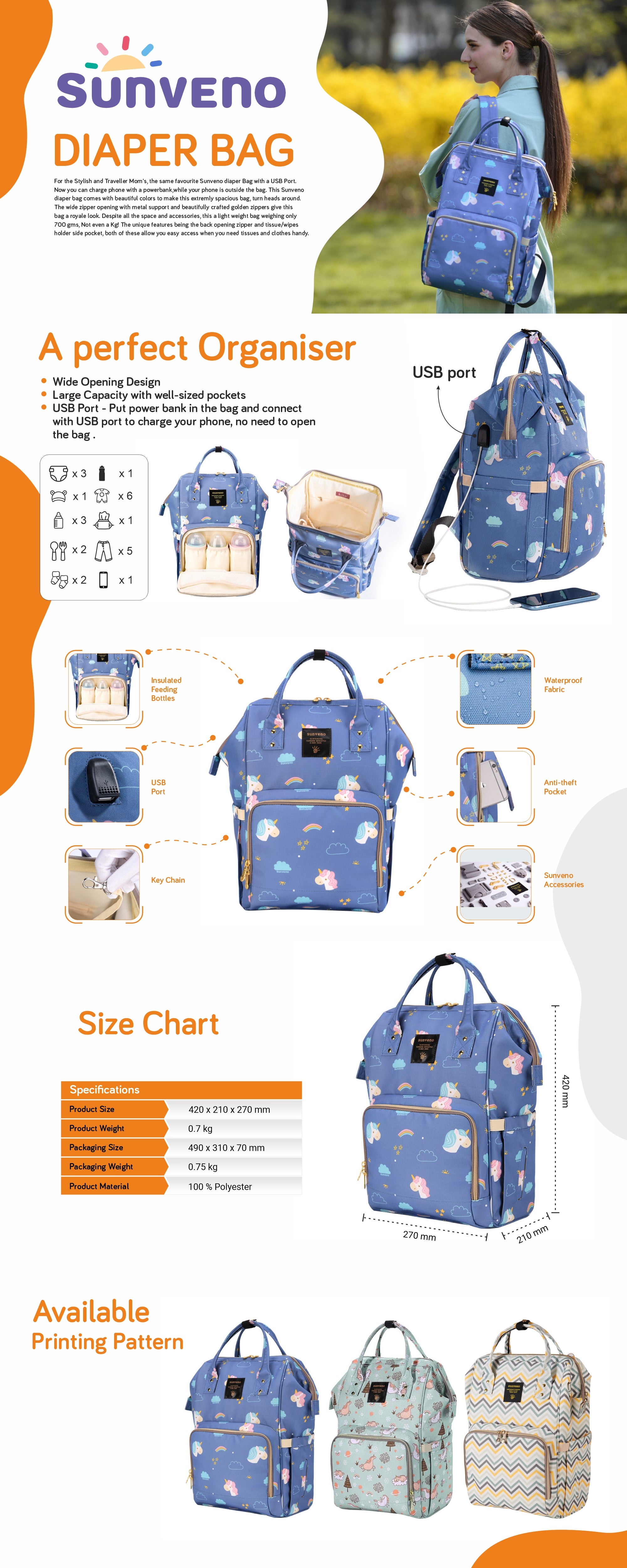 Diaper Bag With USB - Unicorn Blue