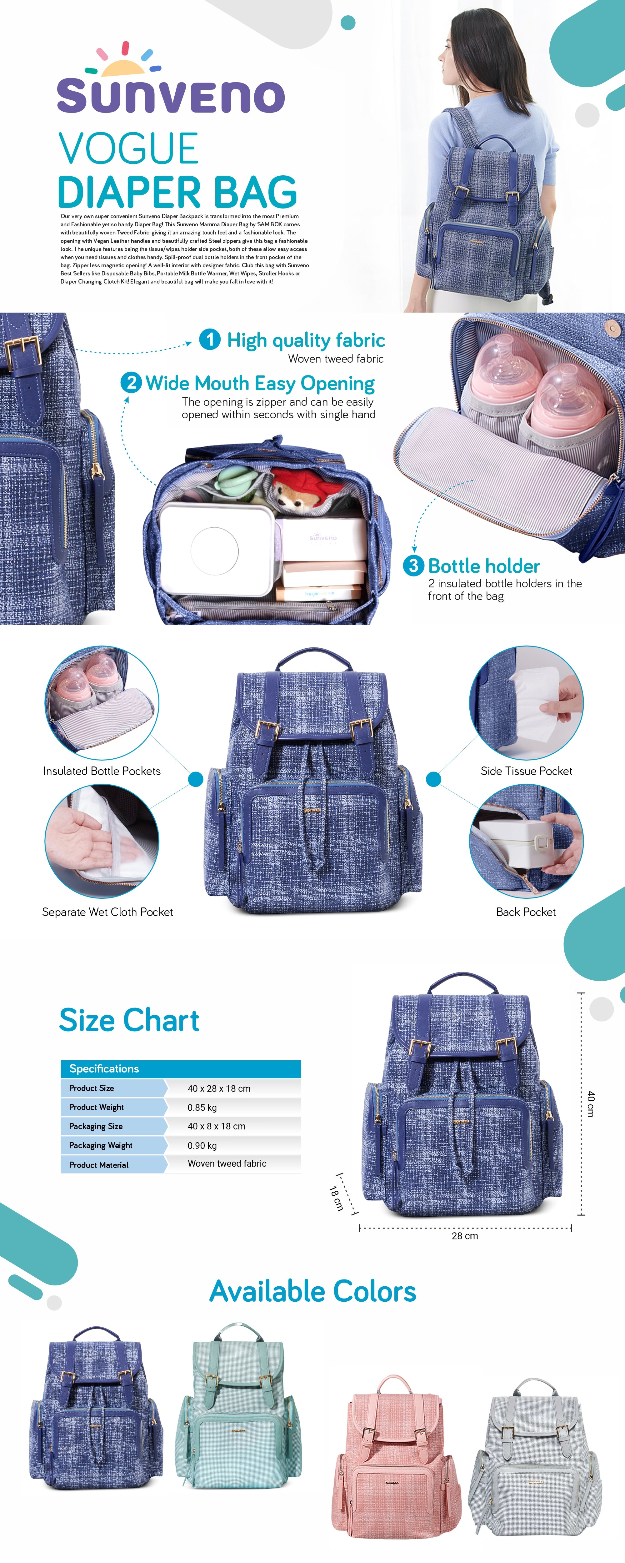 Zipper Less Magnetic Opening Vogue Diaper Bag - Blue