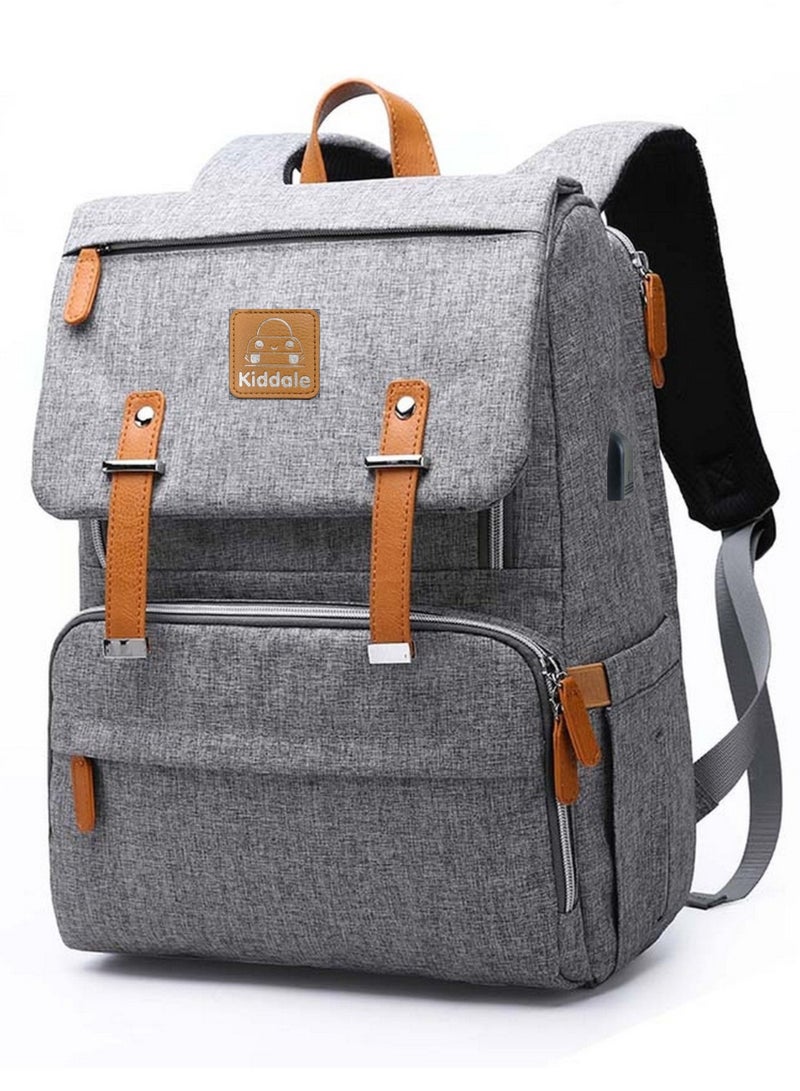 Multifunctional Diaper Organizer Bag With Laptop Compartment, USB Charging Cable, Insulated Pocket And Stroler Hooks- Grey