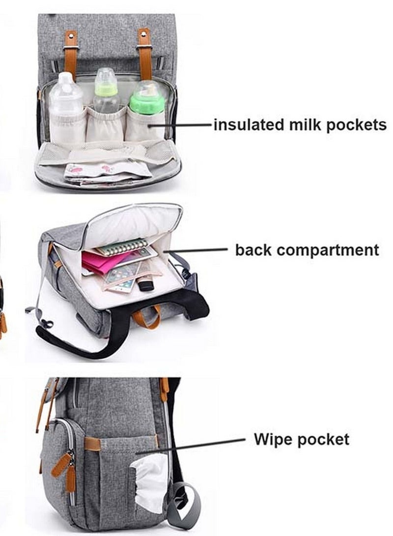 Multifunctional Diaper Organizer Bag With Laptop Compartment, USB Charging Cable, Insulated Pocket And Stroler Hooks- Grey