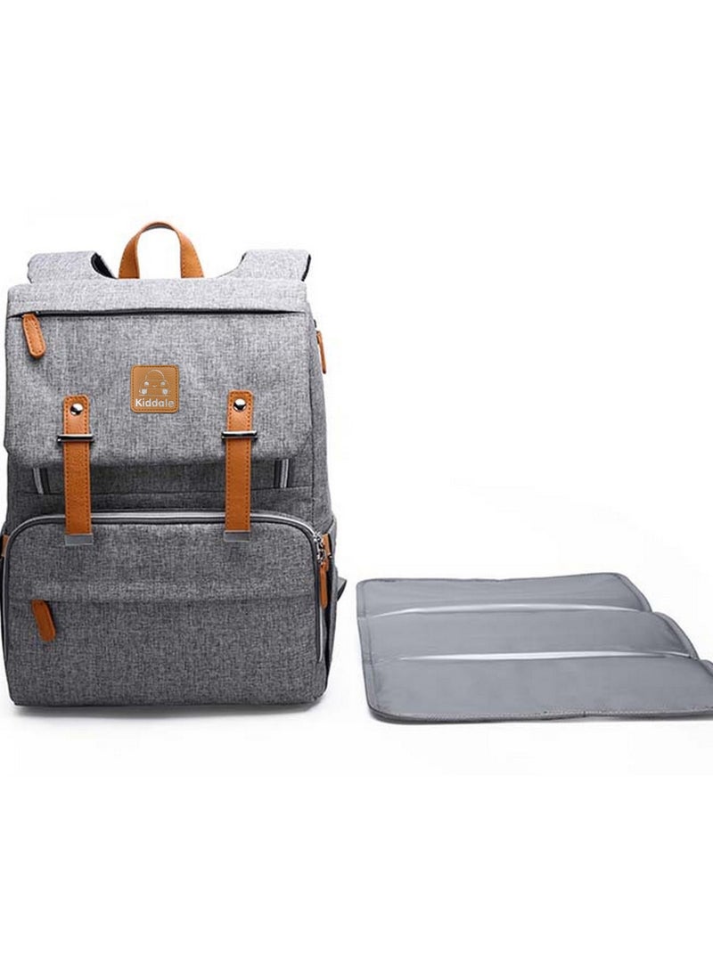 Multifunctional Diaper Organizer Bag With Laptop Compartment, USB Charging Cable, Insulated Pocket And Stroler Hooks- Grey