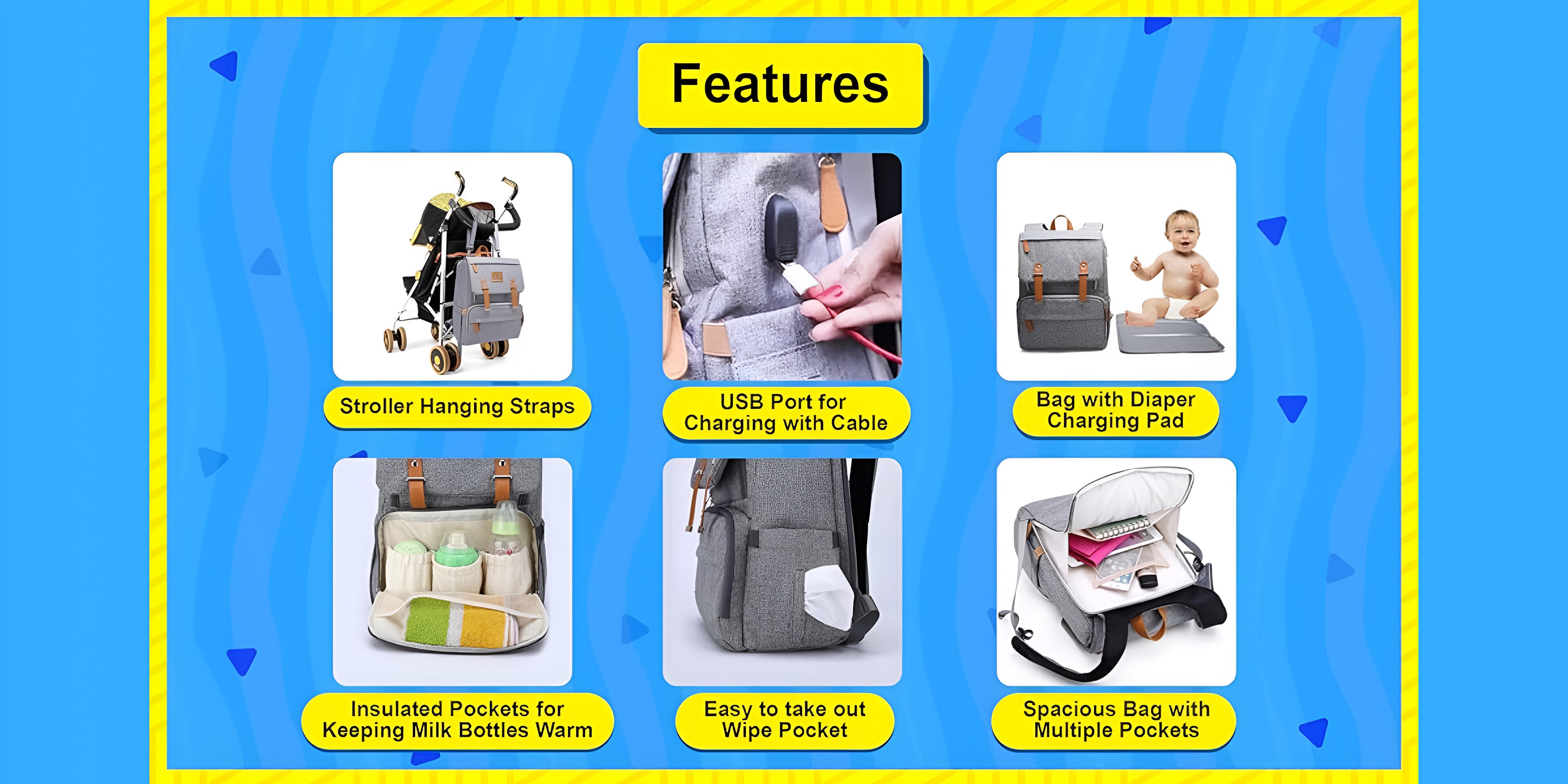 Multifunctional Diaper Organizer Bag With Laptop Compartment, USB Charging Cable, Insulated Pocket And Stroler Hooks- Grey