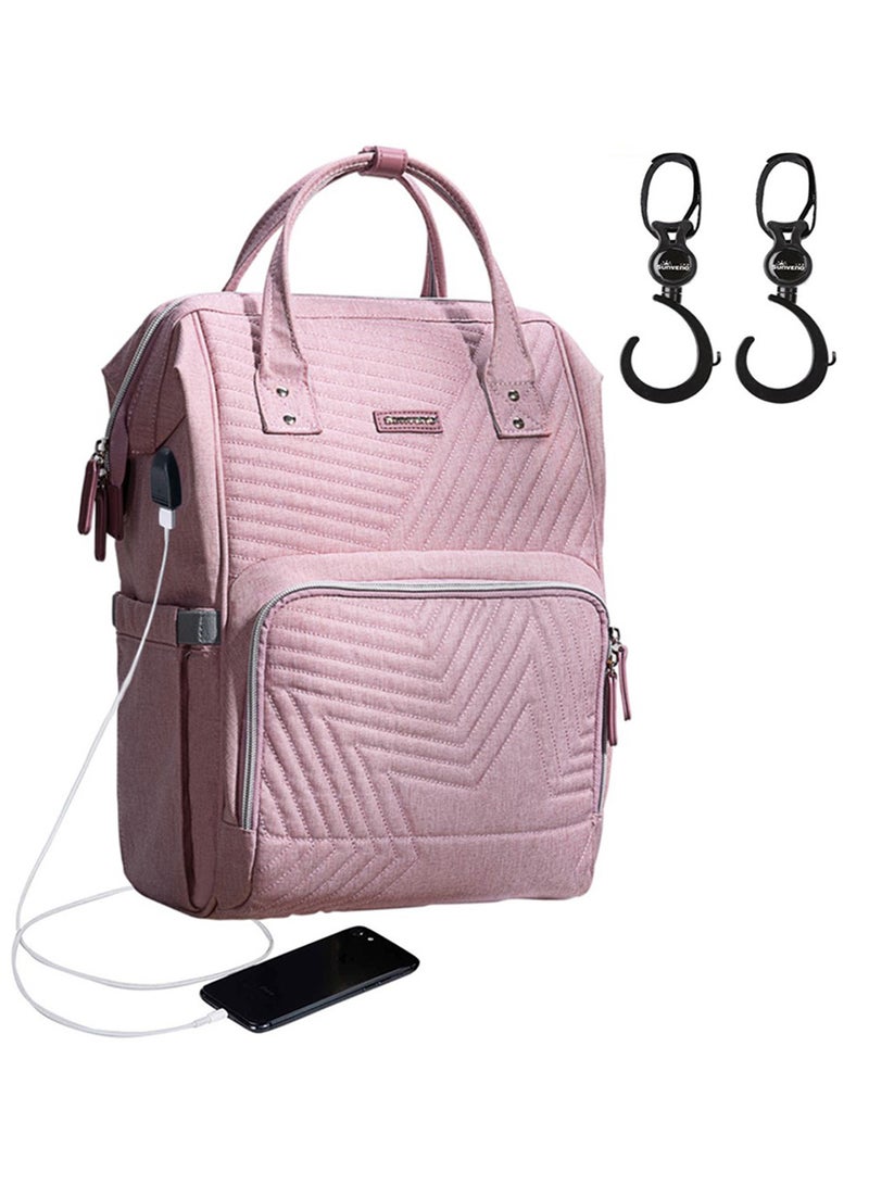 Diaper Backpack And USB Charging Port With Stroller Hooks - Pink