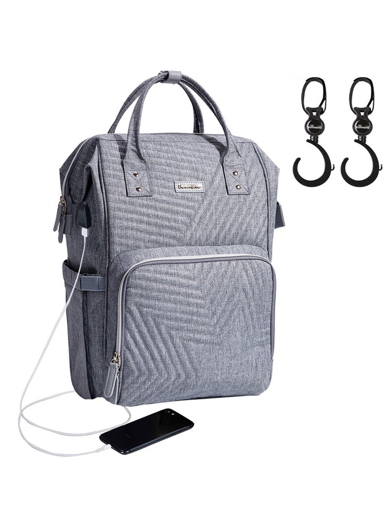 Diaper Backpack And USB Charging Port With Stroller Hooks - Grey