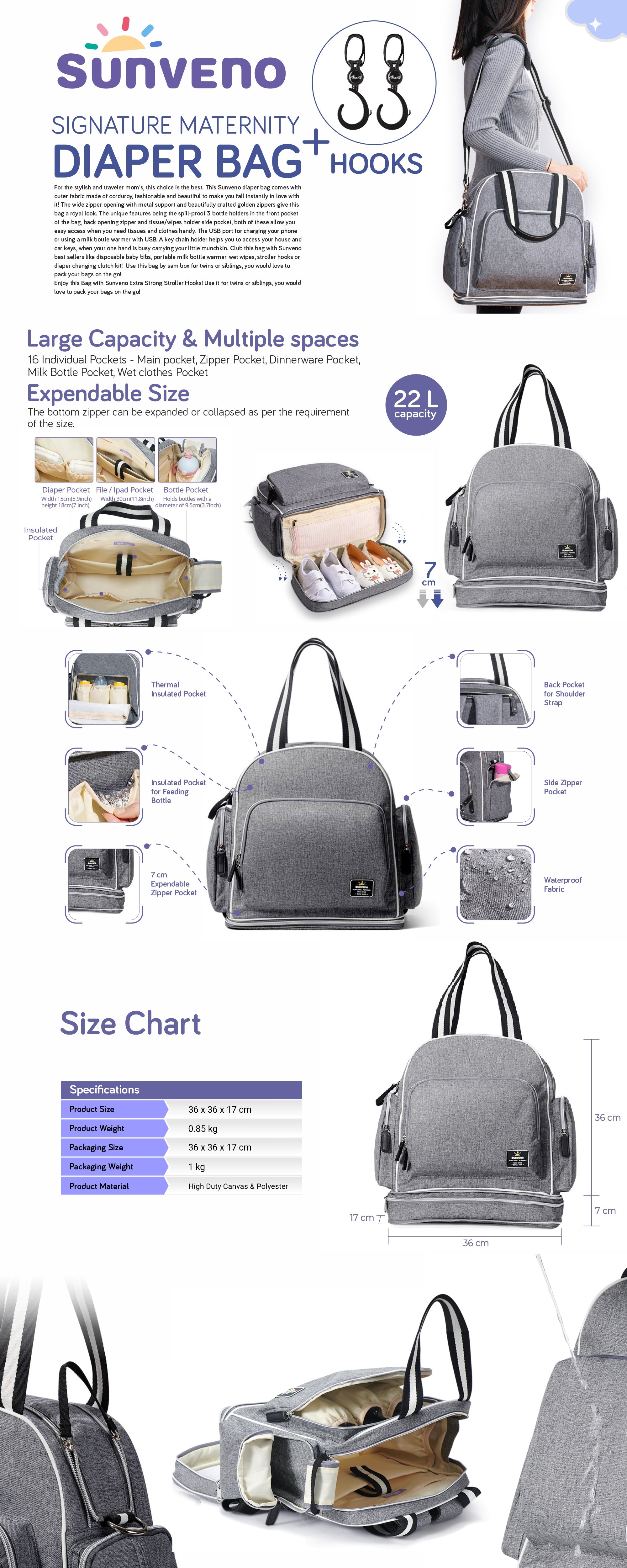 Signature Maternity Diaper Bag With Stroller Hooks Grey