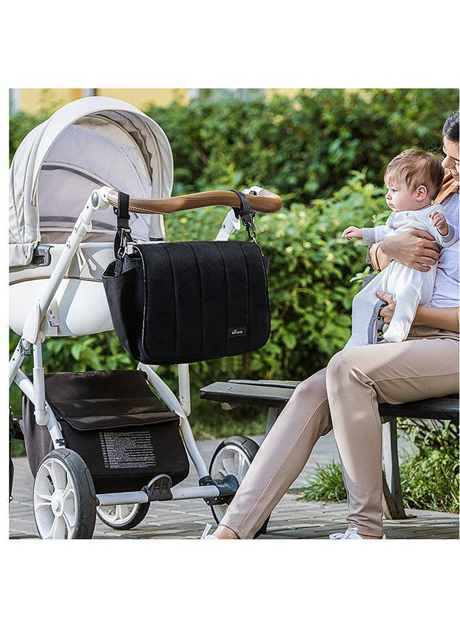 Velvet Stroller Diaper Bag With Adjustable Shoulder Strap - Black