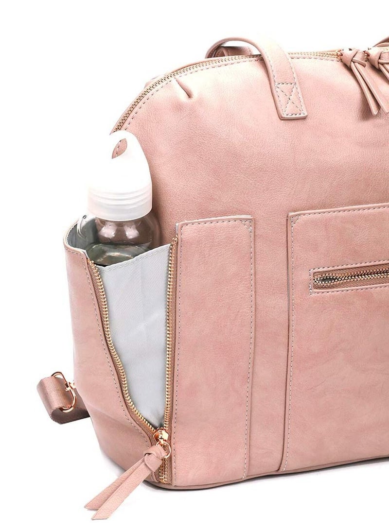 Multifunctional Organizer, PU Leather Baby Diaper Bag Women Handbag Style With Changing Station, Insulated Pockets And Stroller Hooks Pink