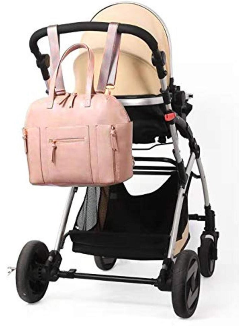 Multifunctional Organizer, PU Leather Baby Diaper Bag Women Handbag Style With Changing Station, Insulated Pockets And Stroller Hooks Pink