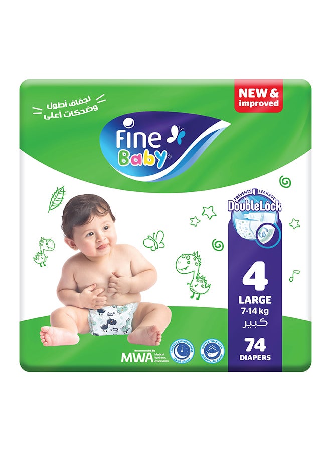 Diapers Size 4 (7-14Kg) Large, 74 Count With The New Double Lock Leak Barriers