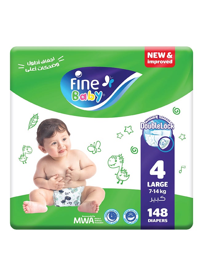 Diapers Size 4 (7-14Kg) Large, 148 Count With The New Double Lock Leak Barriers