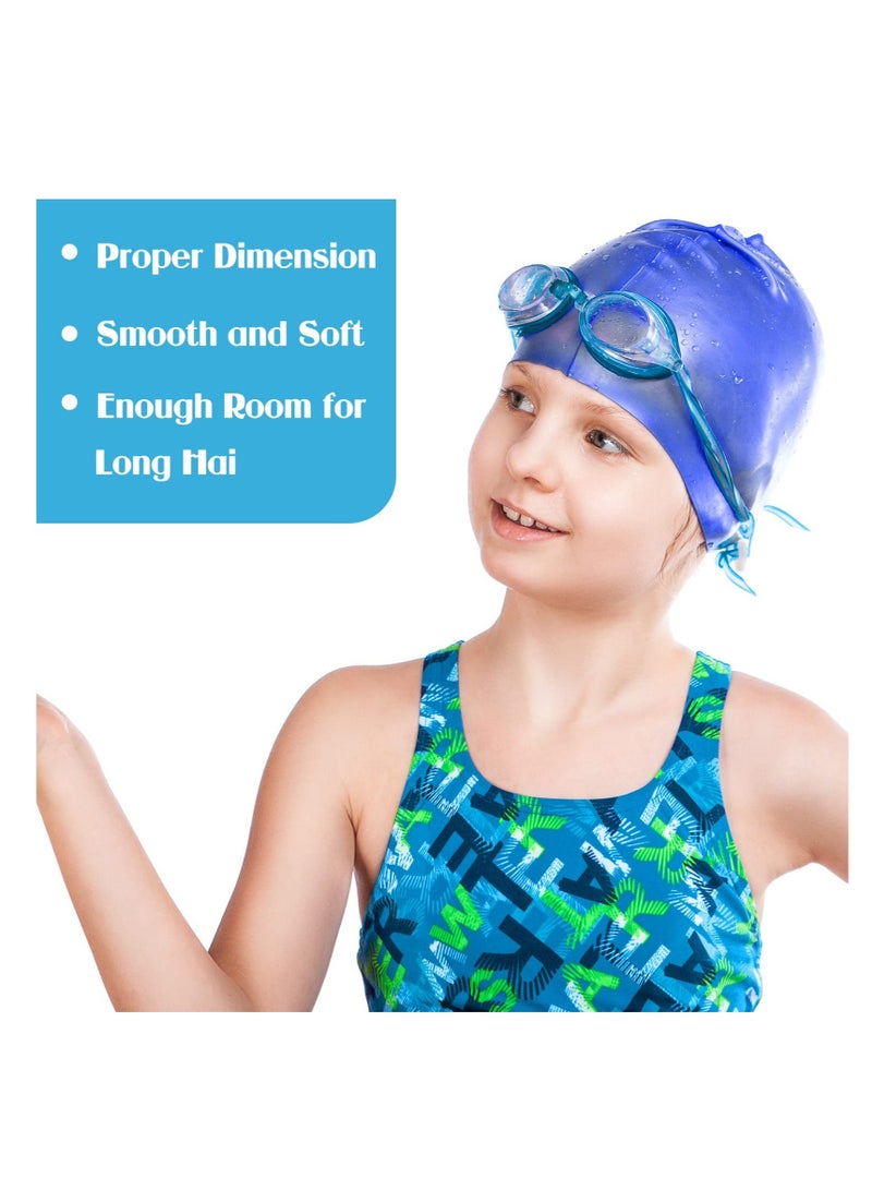 Kids Swim Cap for Boys Girls, Kids Swim Caps for Long Hair & Braids Silicone Swimming Cap, Large Waterproof Swim Hat, for Short/Long Hair to Keep Hair Dry (Pink, Blue, Black, 3 Pieces)