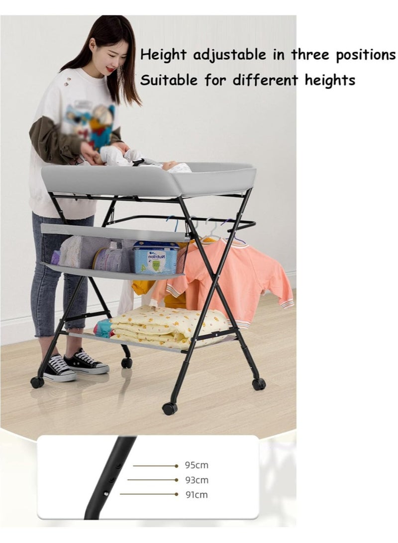 Baby Changing Table,Foldable, Portable,With Wheels, Height Can Be Adjusted In Three Steps,Waterproof Diaper Changing Table Pad Topper