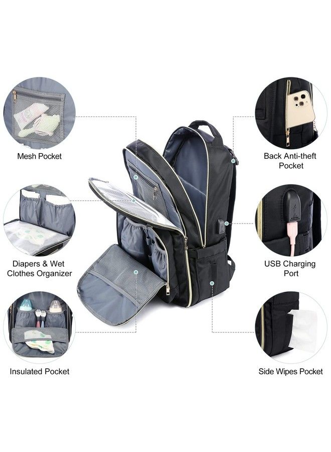 Diaper Bag Backpack Quilted Baby Bag With Changing Pad & Pacifier Holder Waterproof Travel Diaper Bags With Usb Charging Port Stylish And Large Capacity Black