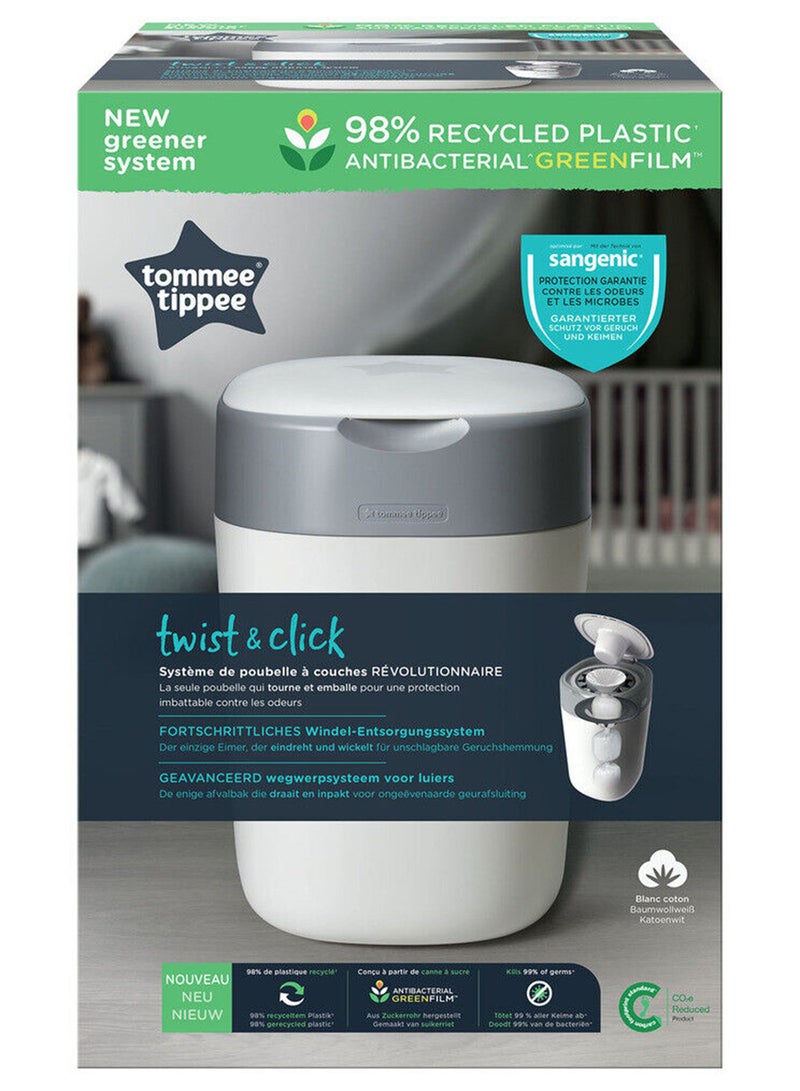 Twist And Click Advanced Nappy Bin, With 1 x Refill Cassette And Sustainably Sourced Antibacterial Greenfilm, White