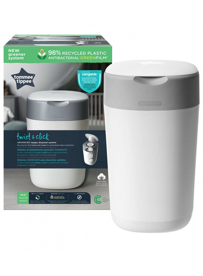 Twist And Click Advanced Nappy Bin, With 1 x Refill Cassette And Sustainably Sourced Antibacterial Greenfilm, White