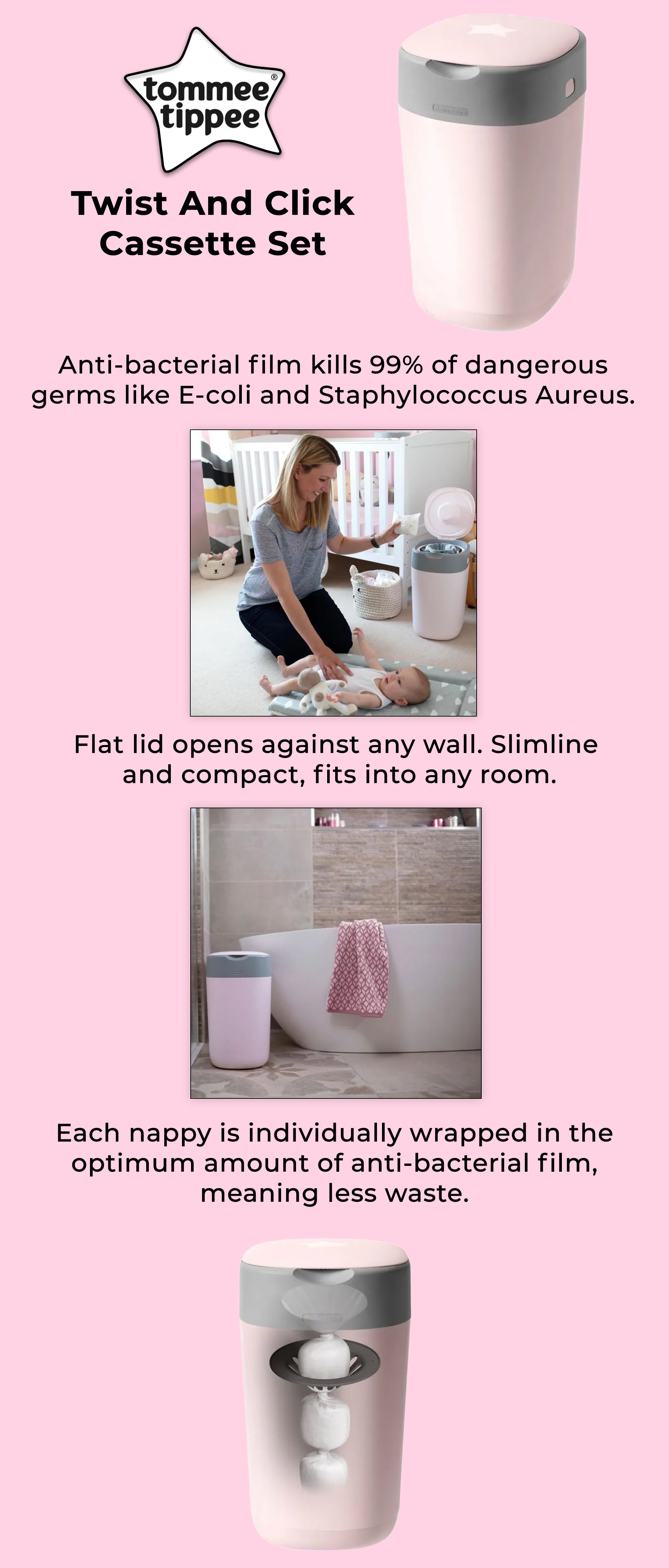 Twist And Click Advanced Nappy Bin, Eco-Friendlier System, Includes 1x Refill Cassette With Sustainably Sourced Antibacterial Greenfilm, Pink